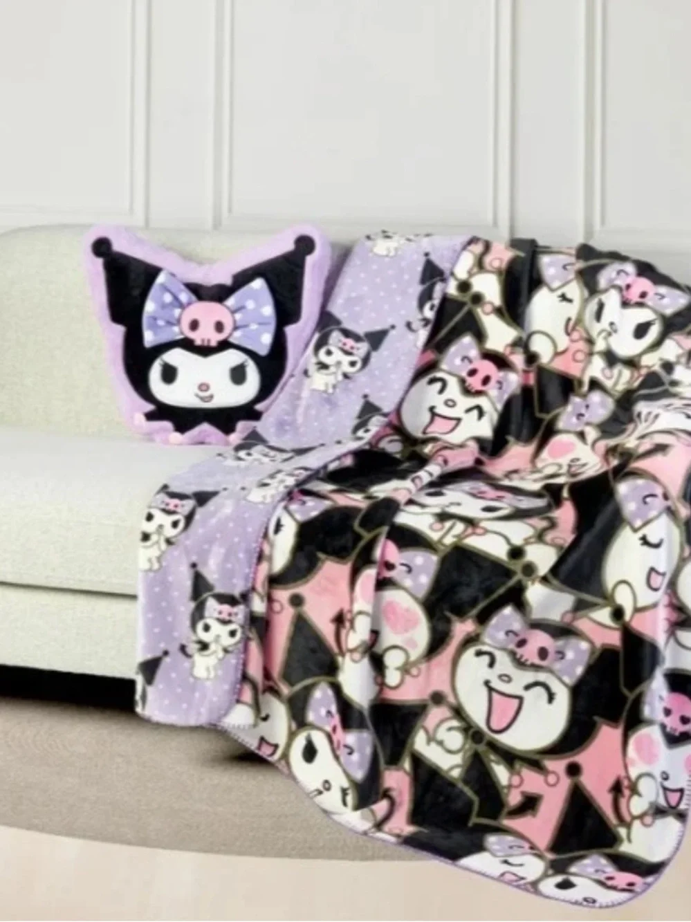 Kawaii Sanrio Kuromi Plush Pillow and Blanket Set - Lavender